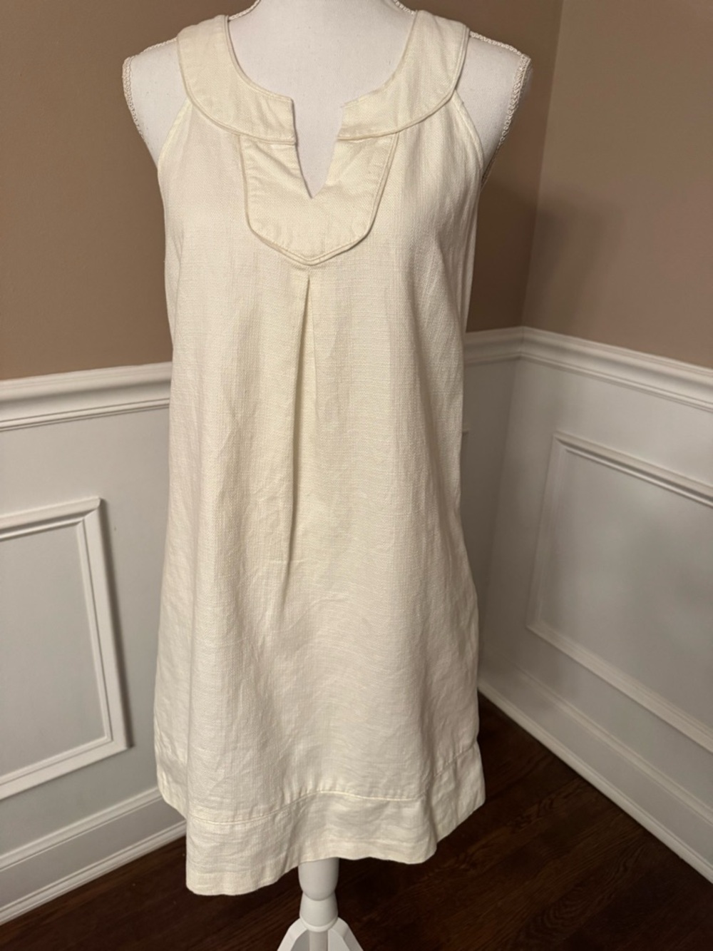 LOFT Cream Textured Linen Blend Split Neck Shift Mini Dress • Size 6